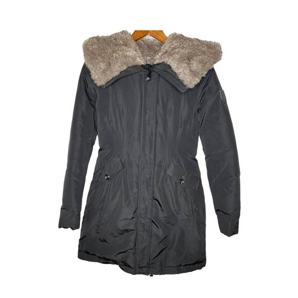 Vince Camuto XS Down $129 Puffer Coat Faux Fur Hood Long Jacket Full Zip Black - Picture 2 of 7